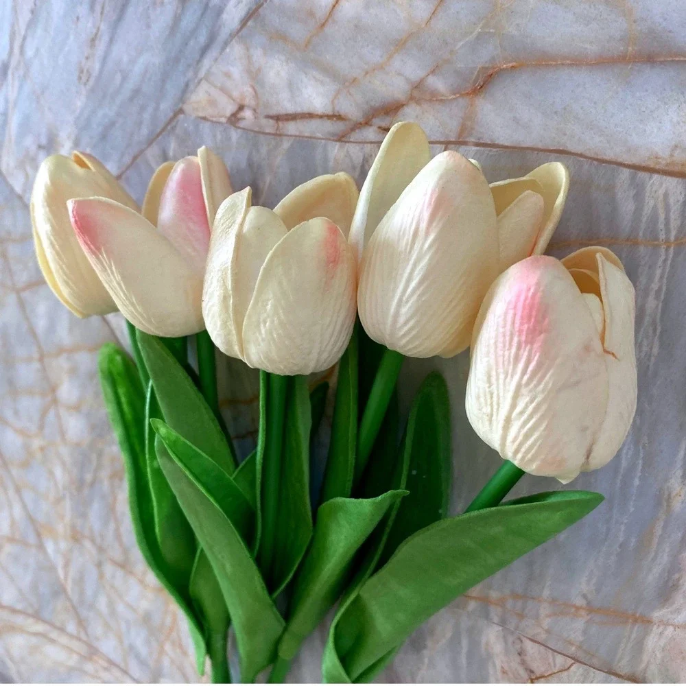 5 Piece Artificial Tulip Stems Cream Pink Faux Silk Flowers Spring Home Decor
